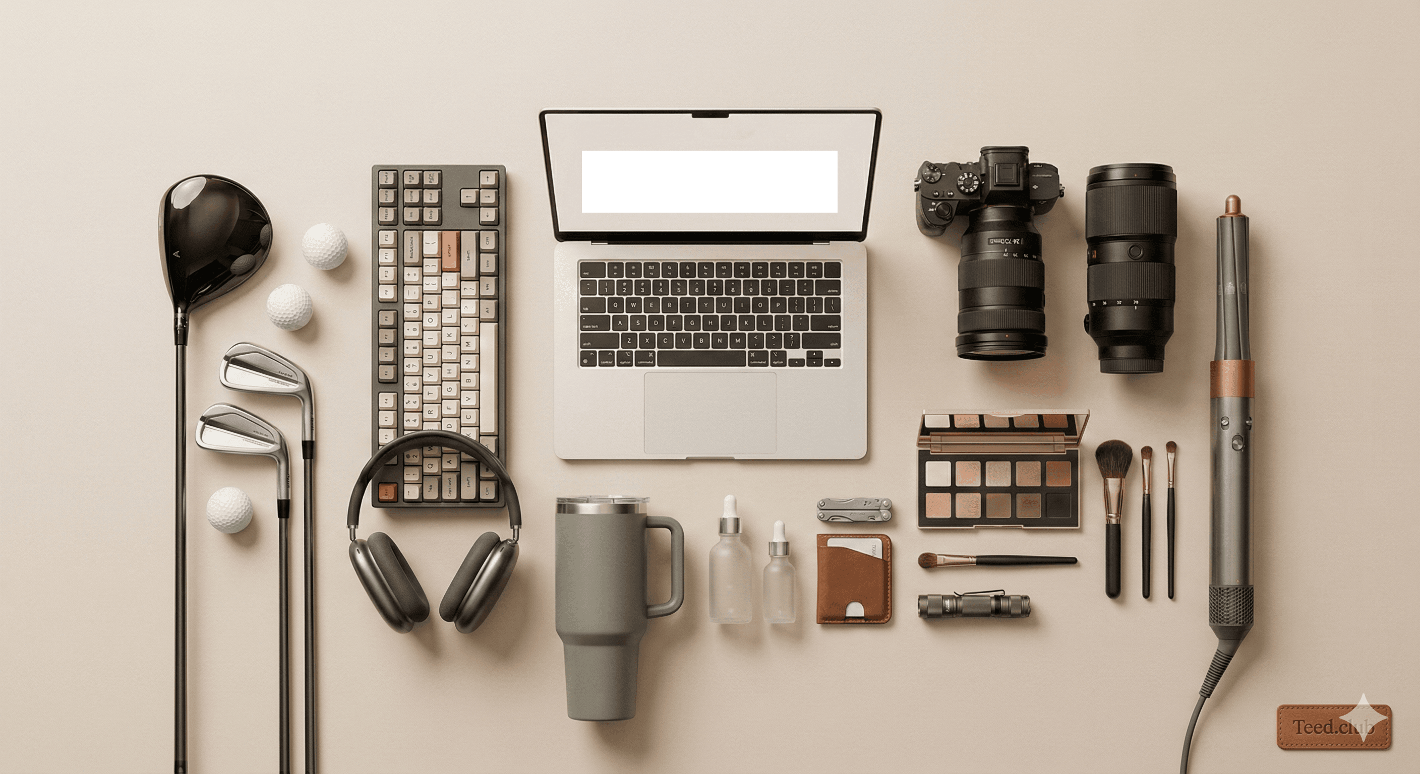 Curated collection of gear - golf clubs, camera, laptop, makeup, and more